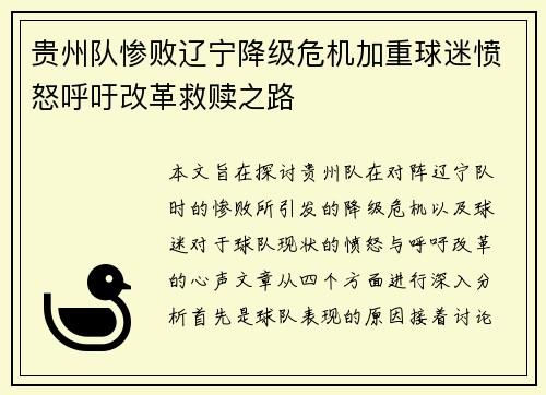 贵州队惨败辽宁降级危机加重球迷愤怒呼吁改革救赎之路