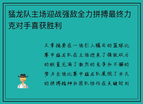 猛龙队主场迎战强敌全力拼搏最终力克对手喜获胜利