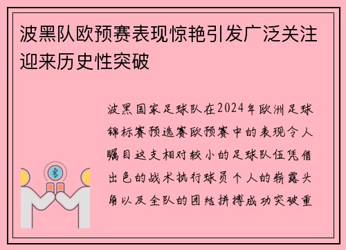 波黑队欧预赛表现惊艳引发广泛关注迎来历史性突破