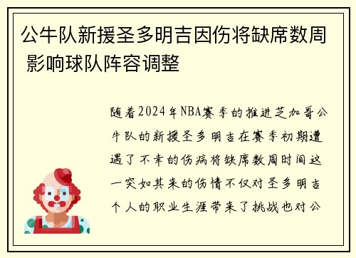 公牛队新援圣多明吉因伤将缺席数周 影响球队阵容调整