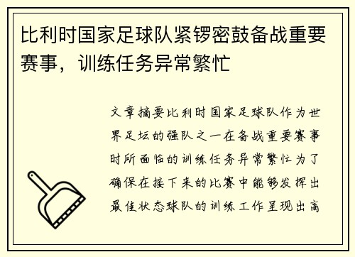 比利时国家足球队紧锣密鼓备战重要赛事，训练任务异常繁忙