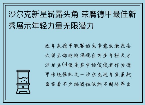 沙尔克新星崭露头角 荣膺德甲最佳新秀展示年轻力量无限潜力