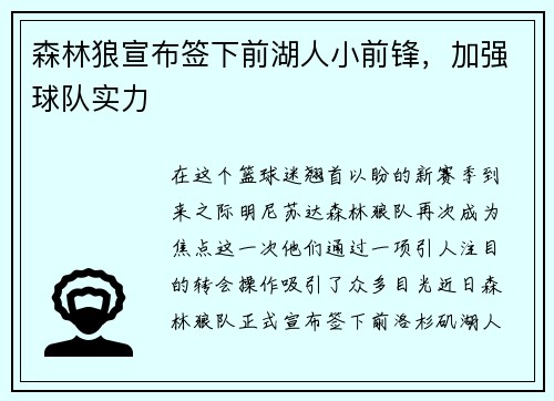 森林狼宣布签下前湖人小前锋，加强球队实力