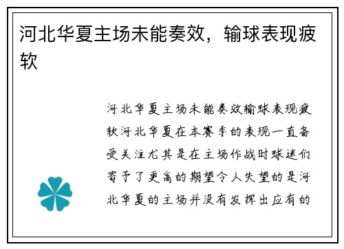 河北华夏主场未能奏效，输球表现疲软