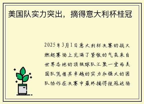 美国队实力突出，摘得意大利杯桂冠