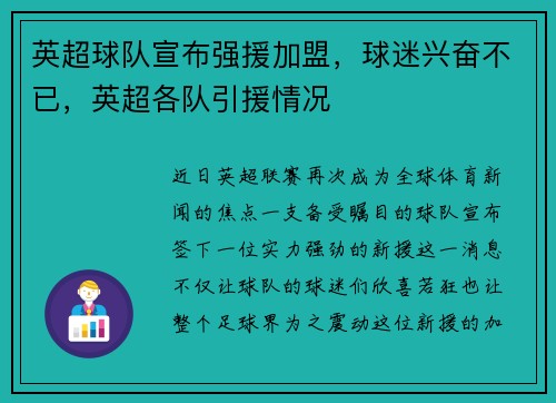 英超球队宣布强援加盟，球迷兴奋不已，英超各队引援情况