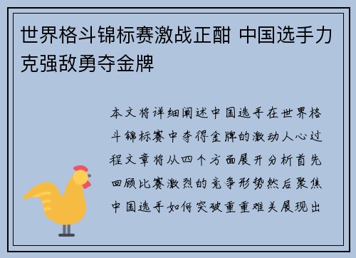 世界格斗锦标赛激战正酣 中国选手力克强敌勇夺金牌