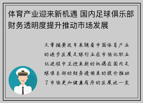 体育产业迎来新机遇 国内足球俱乐部财务透明度提升推动市场发展